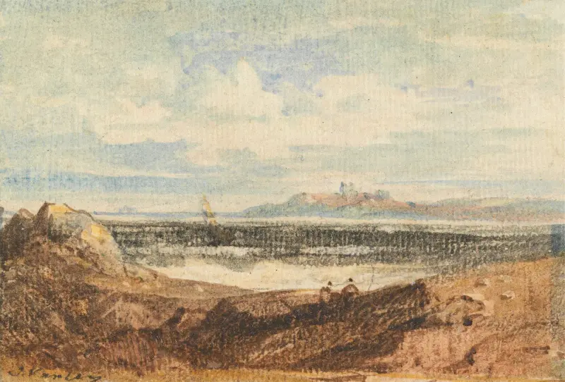 Vy över kuperad kustlinje, Bamburgh, Northumberland av John Varley