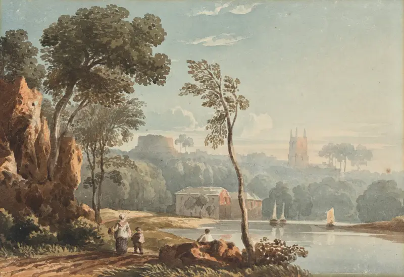 Vy över Totnes från floden Dart, South Devon av John Varley