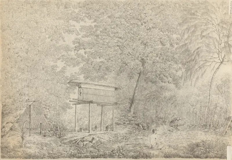 A Toopapaoo of a Chief, with a Priest Making his Offering to the Morai, in Huoheine av John Webber