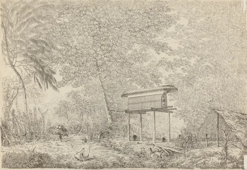 A Toopapapoo of a Chief, with a Priest Making his Offering to the Morai, in Huoheine av John Webber