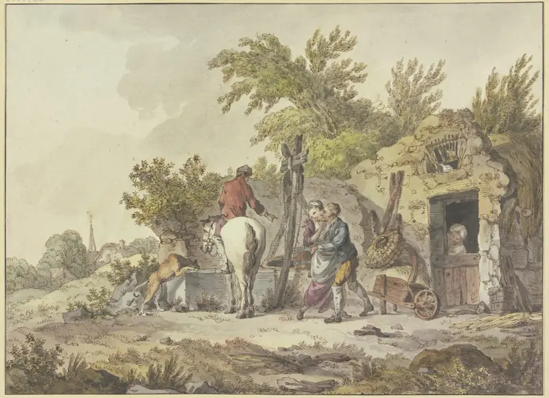 Ryttare med hund vid en vattenplats, till höger en man som omfamnar en flicka av John Webber