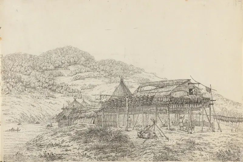 The Balagans or Summer Habitations, with the Method of Drying Fish, at St. Peter and Paul, Kamtschatka av John Webber