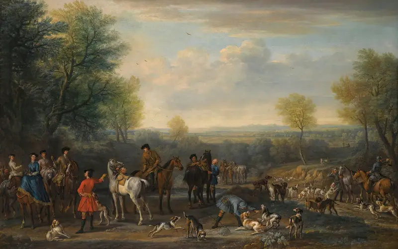 En jaktscen; möjligen föreställande Charles Spencer, 3:e hertig av Marlborough (1706–1758) och hans hustru Elizabeth, grevinna av Marlborough (d. 1761) av John Wootton