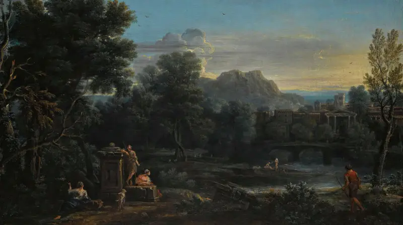 Skogslandskap med vilande figurer och badande i floden, en stad i bakgrunden av John Wootton