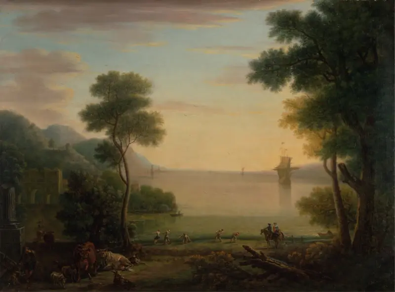 Classical Landscape with Figures and Animals; Sunset av John Wootton