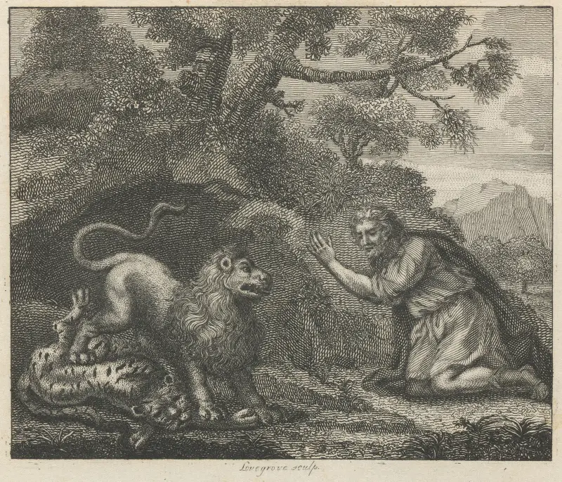 Fable I. The Lion, the Tiger, and the Traveller av John Wootton