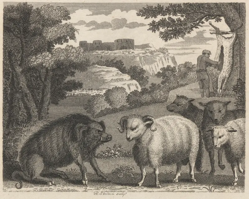 Fabel V. Vildsvinet och baggen av John Wootton