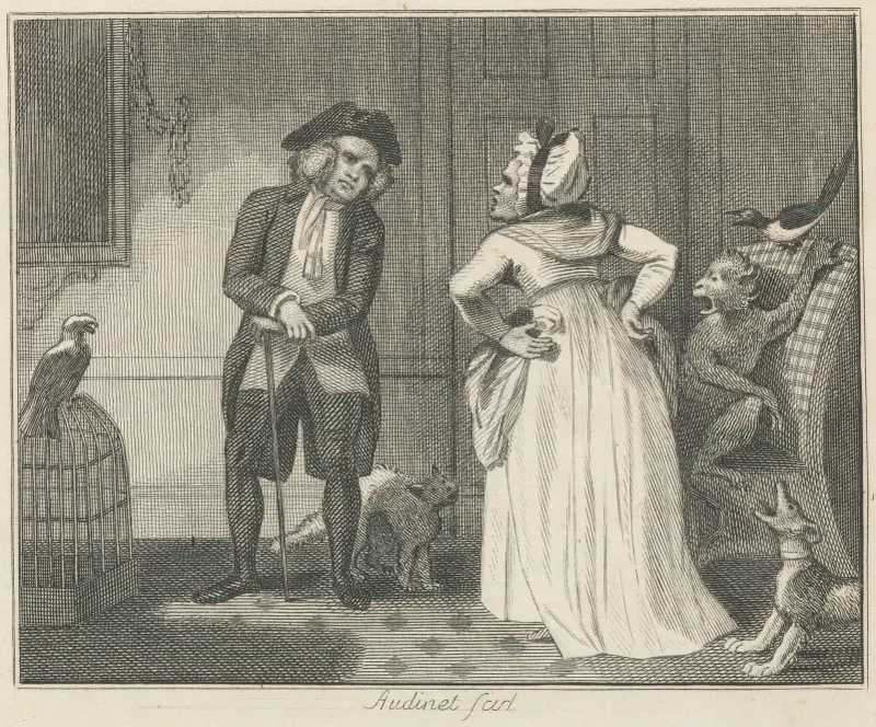 Fable XXV. The Scold and the Parrot av John Wootton