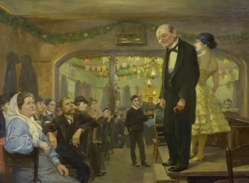 Folk singer performance (Jean Meneghini and Mizzi Lang) in a Viennese suburban inn av Josef Engelhart