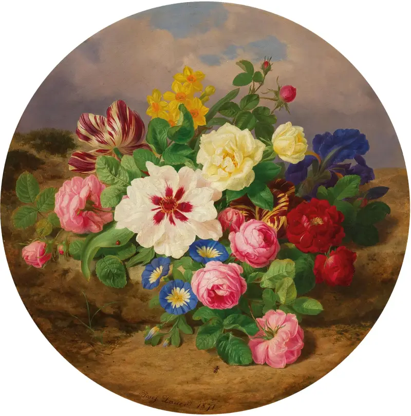 A Bouquet of Roses, Tulips and Narcissus on Sandy Ground av Josef Lauer