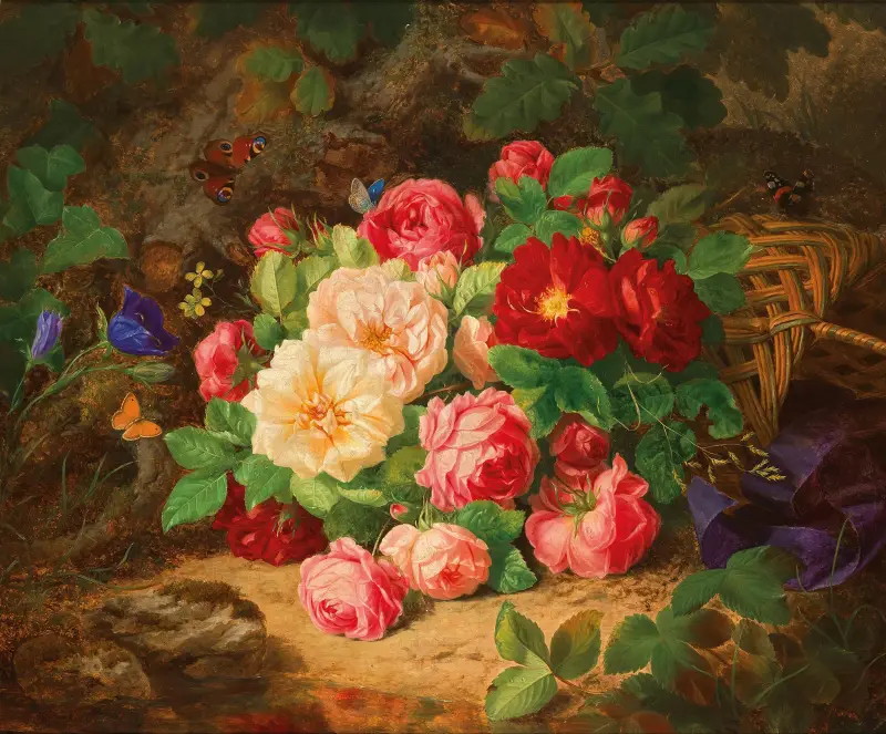 A Forest Floor with a Still Life of Roses and Butterflies av Josef Lauer