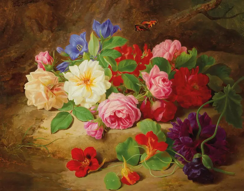 A Forest Floor with Roses and a Butterfly av Josef Lauer