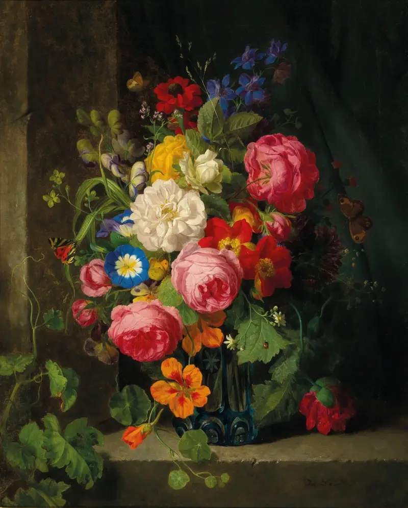A Large Bouquet of Flowers with Roses, Nasturtium and Butterflies av Josef Lauer