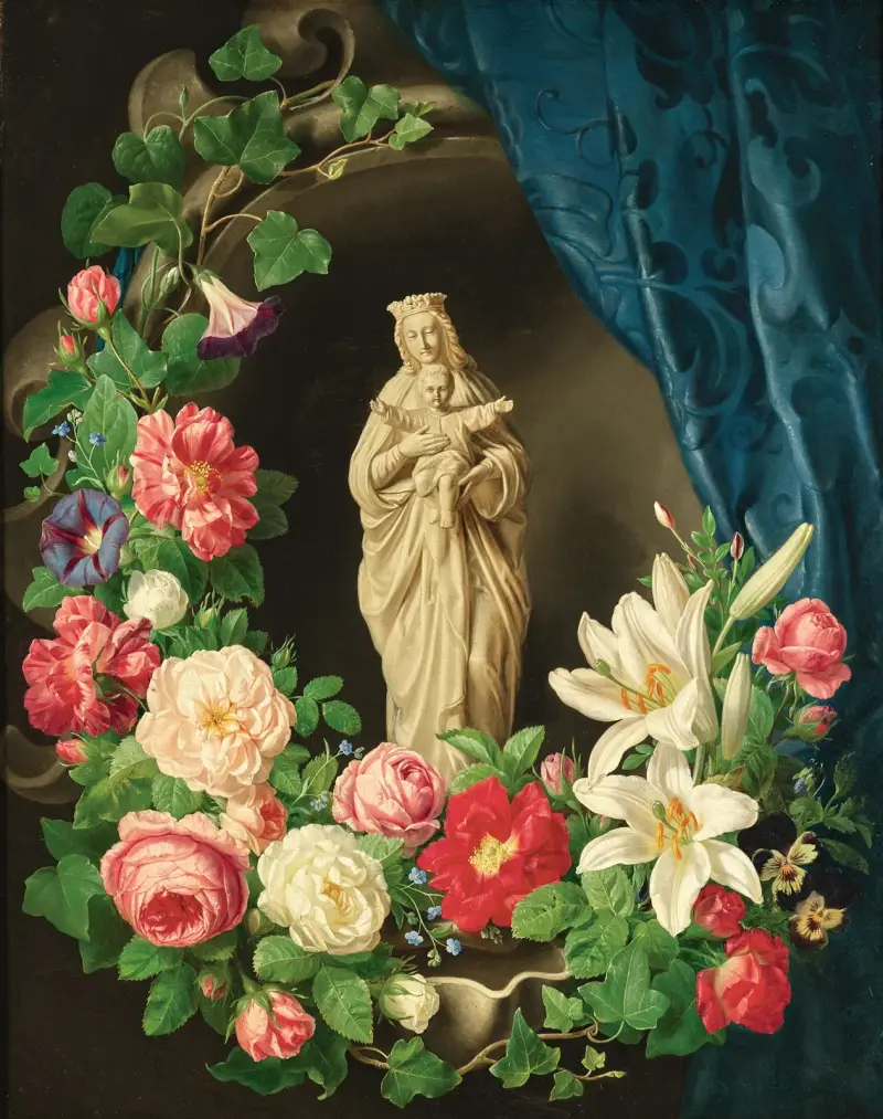 Madonnan med barnet i blomsterslingor av rosor, liljor och vicker av Josef Lauer