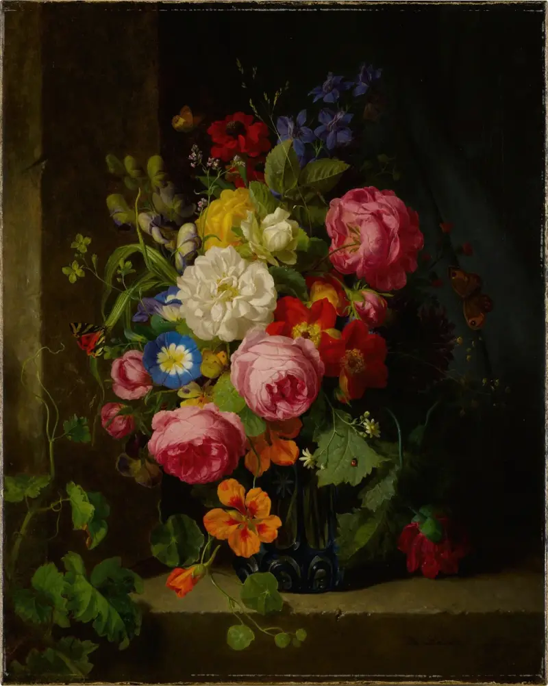 Blumenstillleben in einer blauen Kristallvase von Josef Lauer