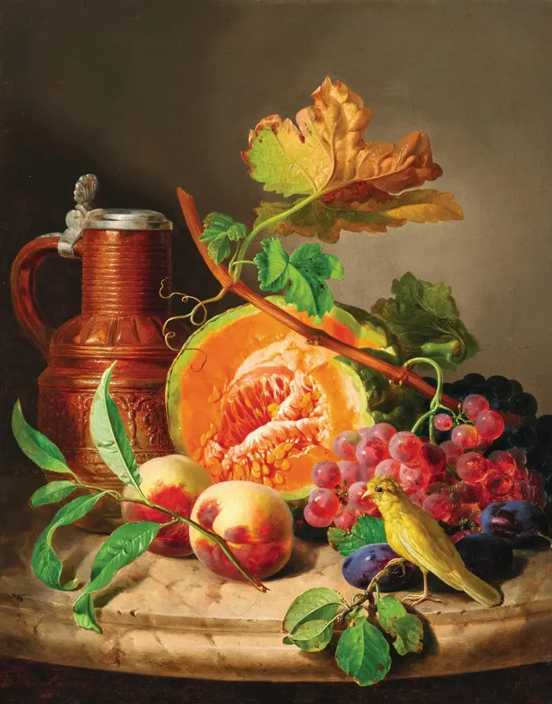 Still Life on a Marble Top with a Pumpkin, Grapes, a Peach and a Canary av Josef Lauer