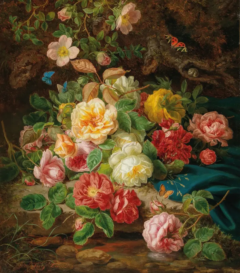 Still Life with Roses and Butterflies by a Brook in a Forest av Josef Lauer