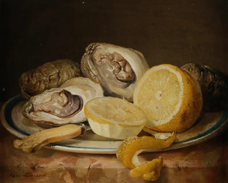 Stillleben mit Austern und Zitrone av Josef Lauer