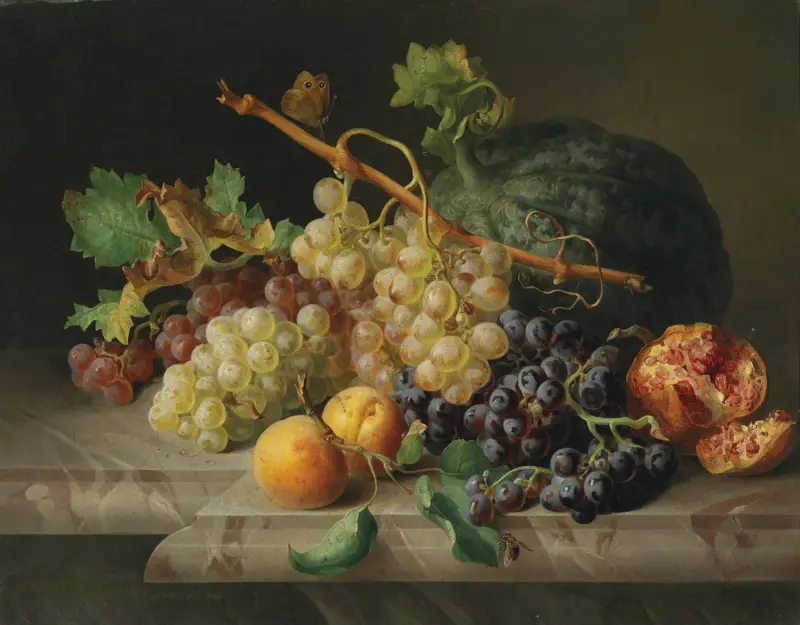 Stillleben mit Granatapfel Weintrauben und Melone av Josef Lauer