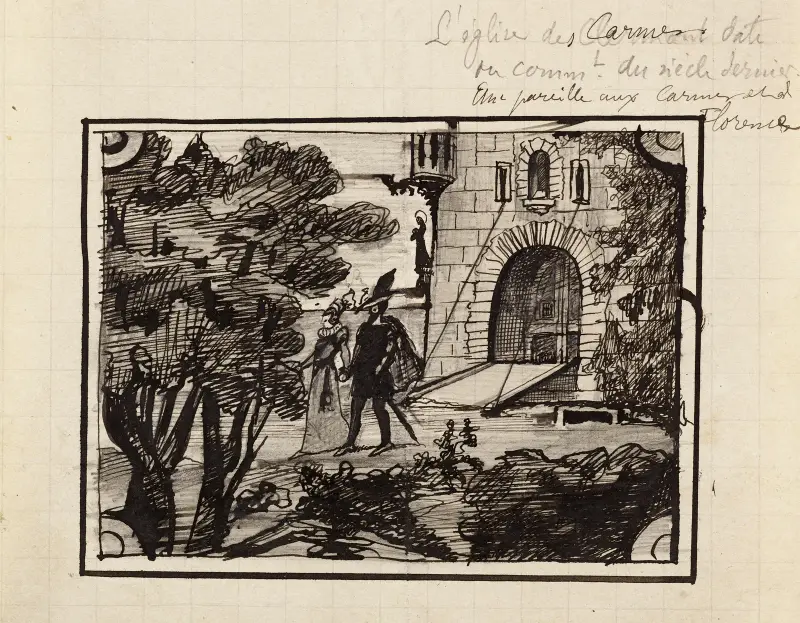 Couple en costumes du Moyen Age sortant d’un château avec pont-levis av Arthur-Joseph Gueniot