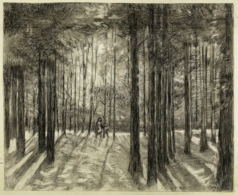 Deux enfants dans le bois de pins av Arthur-Joseph Gueniot