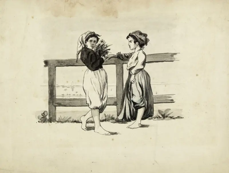 Deux fillettes devant une barrière de bois av Arthur-Joseph Gueniot