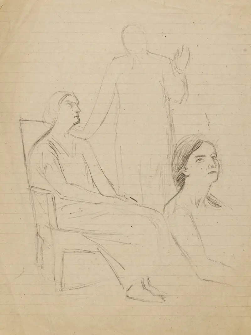 Studie mit drei Figuren, davon eine Frau links sitzend von Arthur-Joseph Gueniot