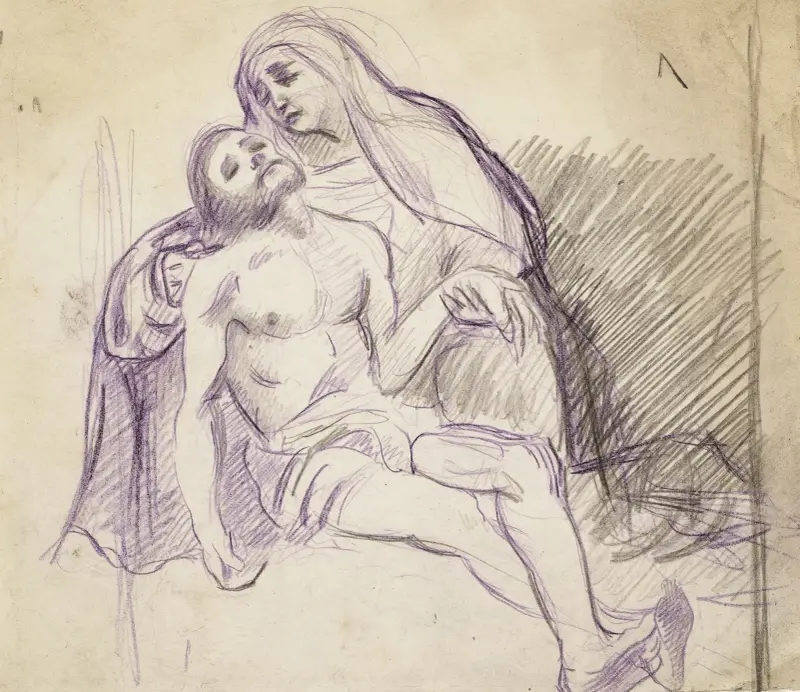 Studie för en pietà: Jungfrun håller Kristi vänstra hand av Arthur-Joseph Gueniot
