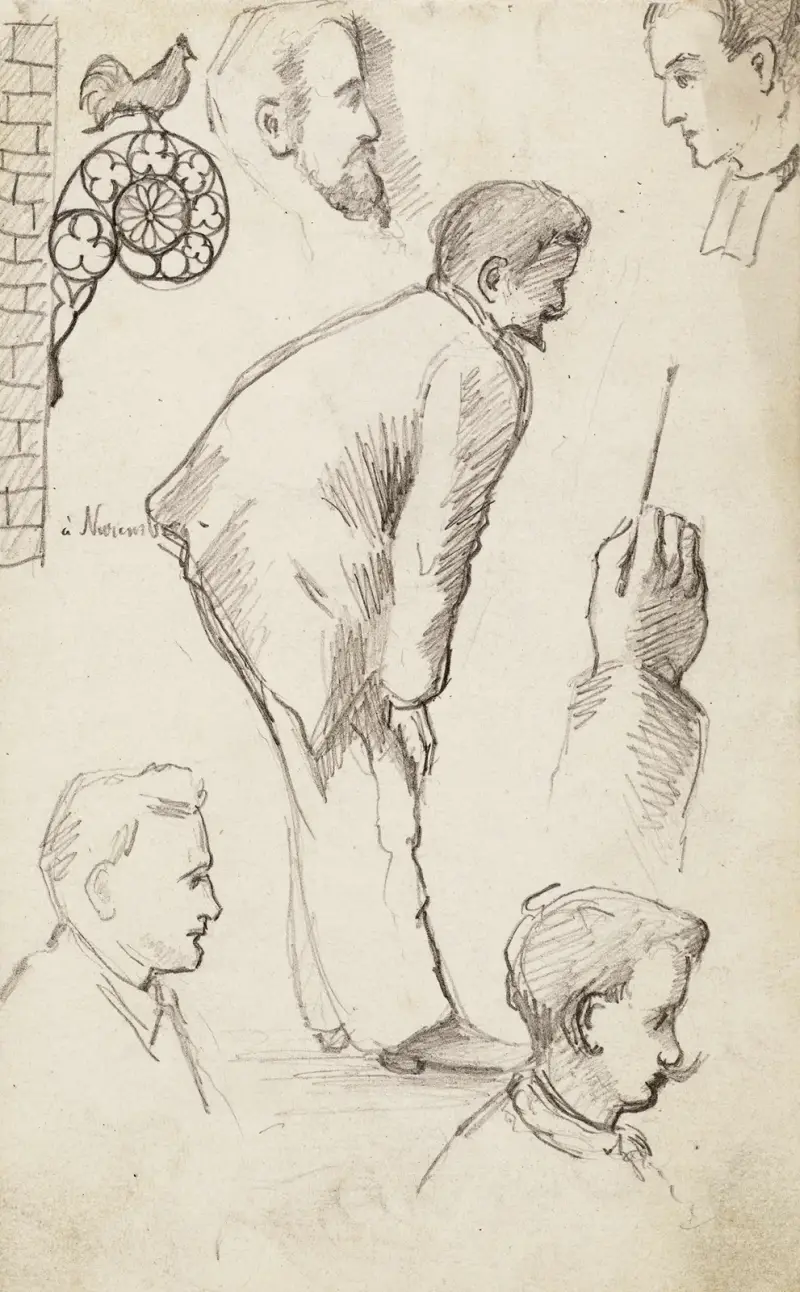 Studienblatt mit vier Männerköpfen, einem vorgebeugten Mann, einer rechten Hand mit Pinsel und einem Schild von Arthur-Joseph Gueniot