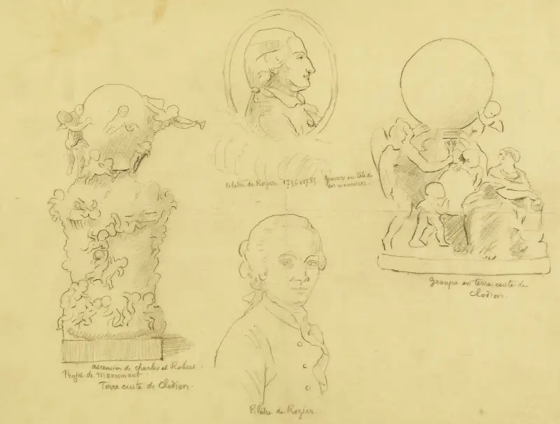 Studienblatt mit zwei Porträts von Pilatre de Rozier und zwei Terrakotten von Clodion von Arthur-Joseph Gueniot