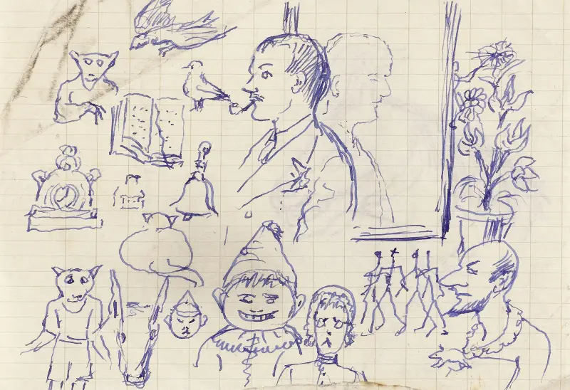 Studieblad med många karikatyrer av Arthur-Joseph Gueniot