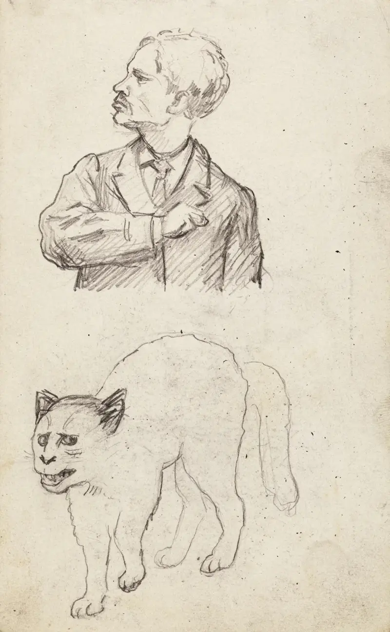 Halvfigur i profil mot vänster med katt av Arthur-Joseph Gueniot