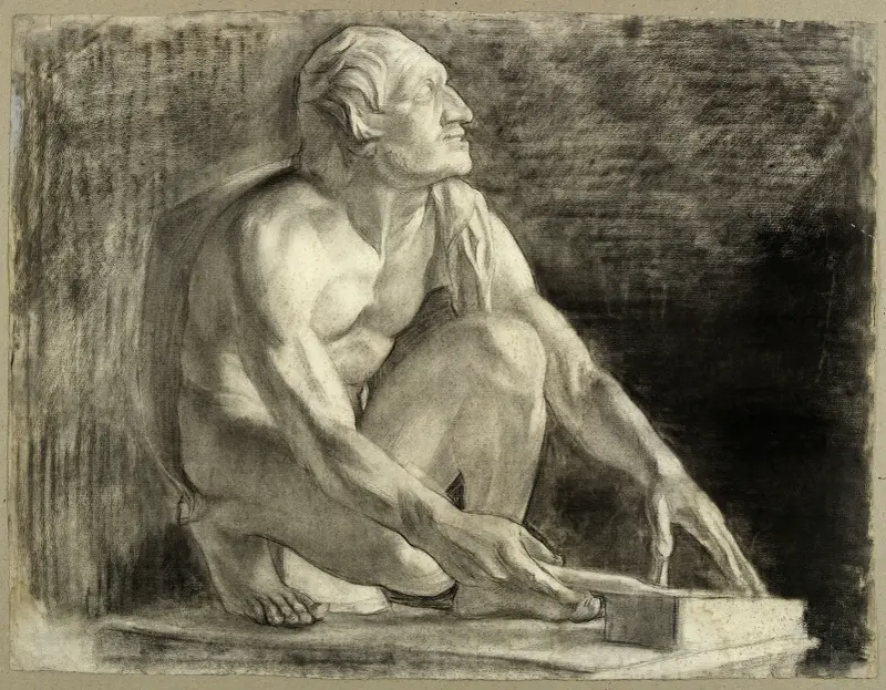 Homme nu accroupi, vers la droite av Arthur-Joseph Gueniot