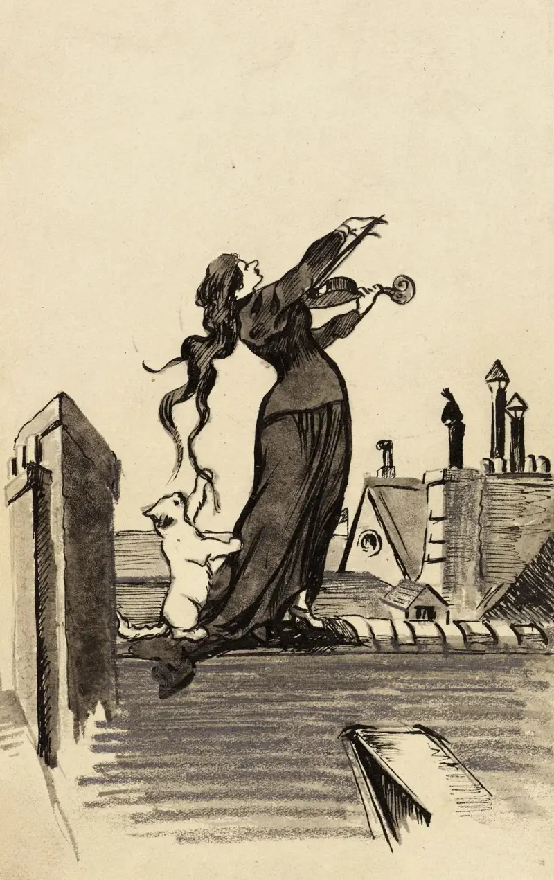 Junge Frau, auf den Dächern Violine spielend, begleitet von einer weißen Katze von Arthur-Joseph Gueniot