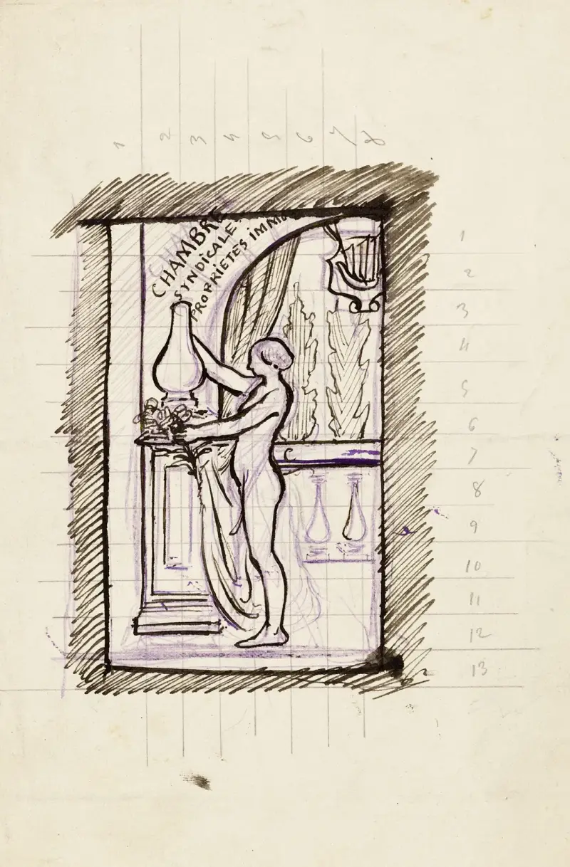Junge nackte Frau vor einer Balustrade, einen Blumenstrauß in einer Vase ordnend von Arthur-Joseph Gueniot