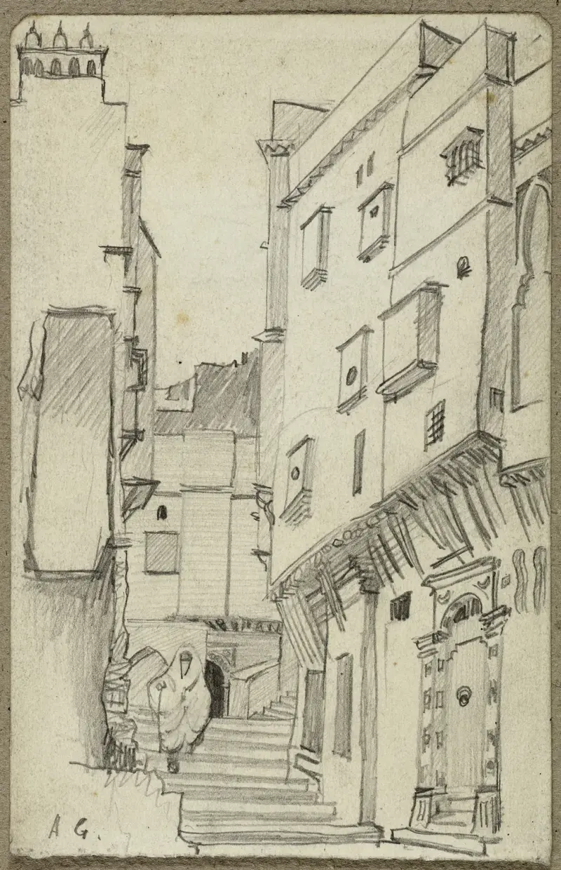 La ruelle escarpée à Alger (Casbah) av Arthur-Joseph Gueniot