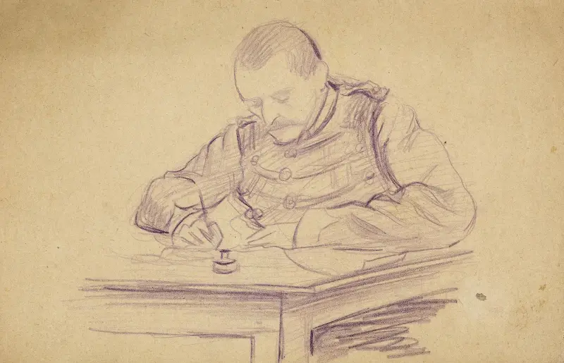 Sittande soldat vid ett skrivbord som skriver av Arthur-Joseph Gueniot