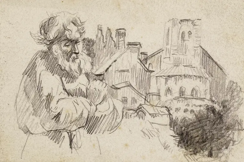 Munk framför en kyrka av Arthur-Joseph Gueniot