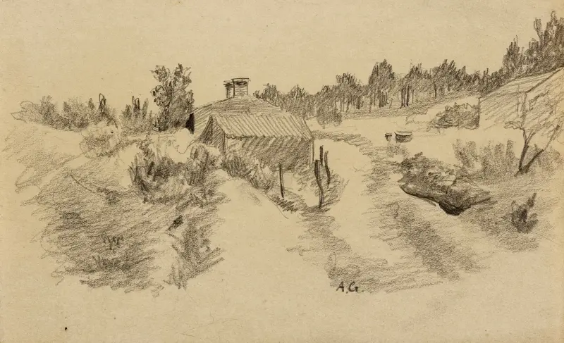 Landskap med två byggnader av Arthur-Joseph Gueniot