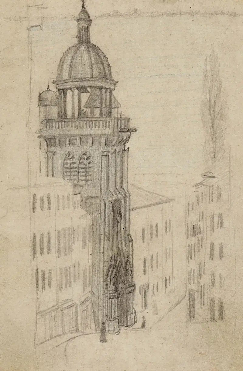 Kirchenportal und Glockenturm in einer Gasse von Arthur-Joseph Gueniot