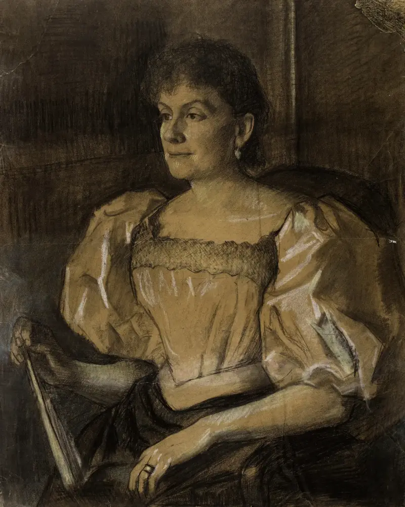 Portret siedzącej kobiety w trzech czwartych zwróconej w lewo, z wachlarzem w prawej dłoni, Arthur-Joseph Gueniot