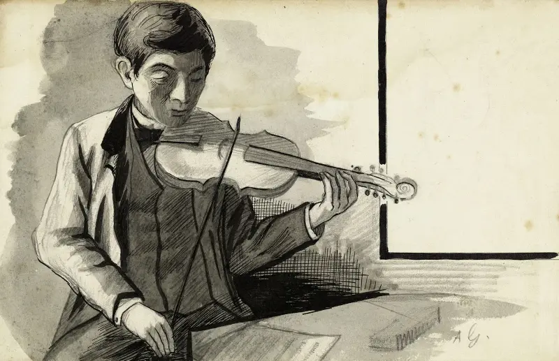 Porträtt av M. Lhuillier, kusin till Guéniot, spelande violin av Arthur-Joseph Gueniot