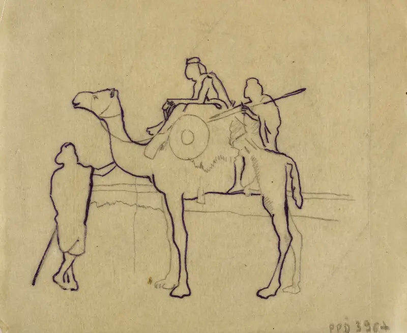 En dromedar och tre män av Arthur-Joseph Gueniot