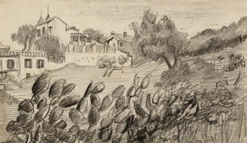 Villa i landskap med kaktus i förgrunden av Arthur-Joseph Gueniot