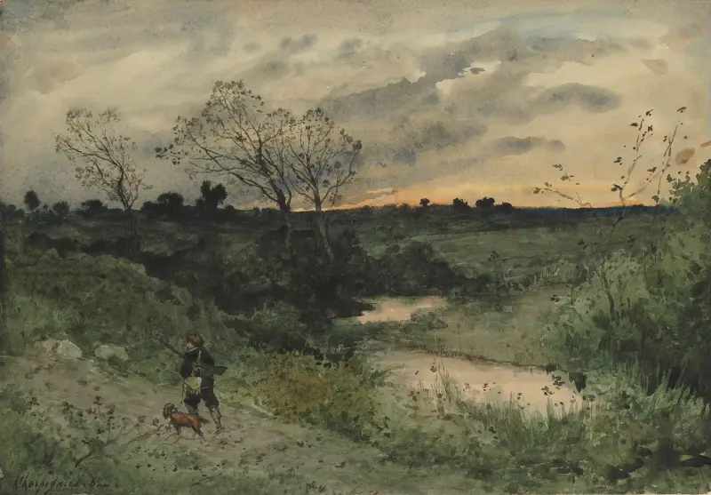 Morgendämmerung – Jäger mit Hund von Henri-Joseph Harpignies