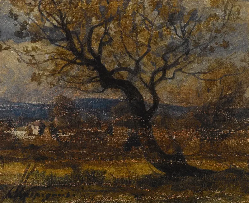 Studie av buske, i bakgrunden några kojor av Henri-Joseph Harpignies
