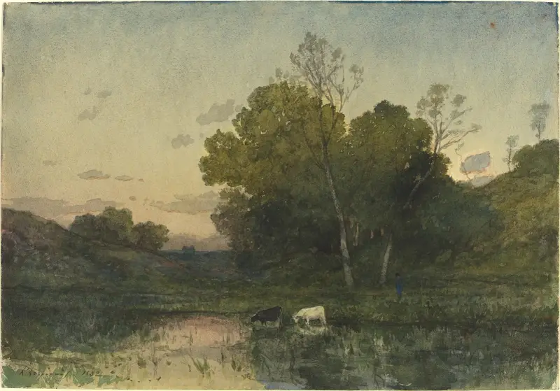 Kvällsljus vid skogssjö med drickande boskap av Henri-Joseph Harpignies