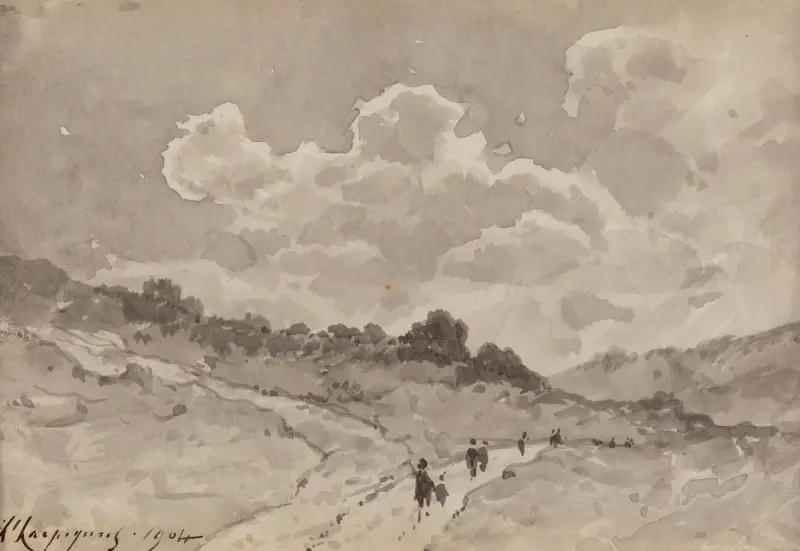 Figurer på en stig i ett kuperat landskap av Henri-Joseph Harpignies