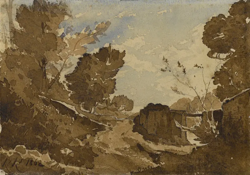 Fossé avec un petit pont av Henri-Joseph Harpignies