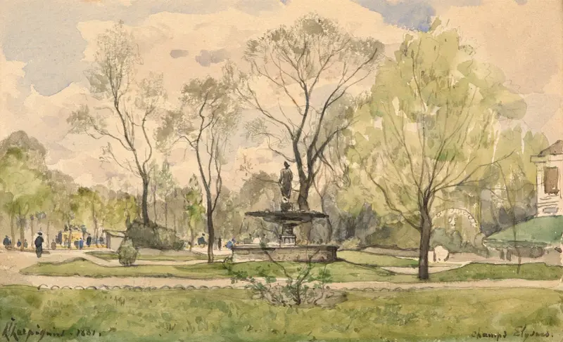 Les jardins des Champs-Elysées avec la fontaine de Diane de Jacques Hittorff, Paris av Henri-Joseph Harpignies